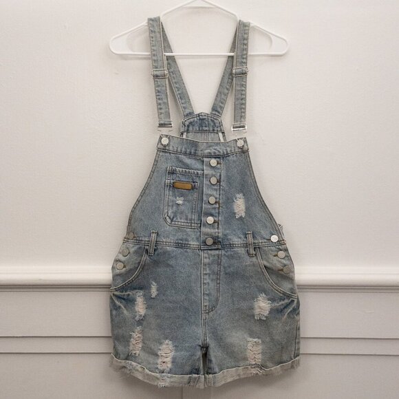 Vintage Style Distressed Denim Overalls Shorts Small Adjustable Straps - Picture 1 of 3